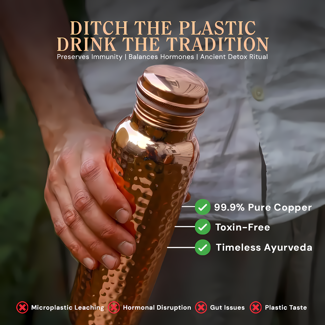 Certified Ayurveda® Pure Copper Water Bottle - V2 Hand-Hammered Edition